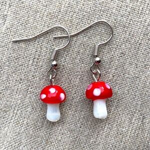 Cute little polka dot mushroom drop earrings resin red white mario fairy gift